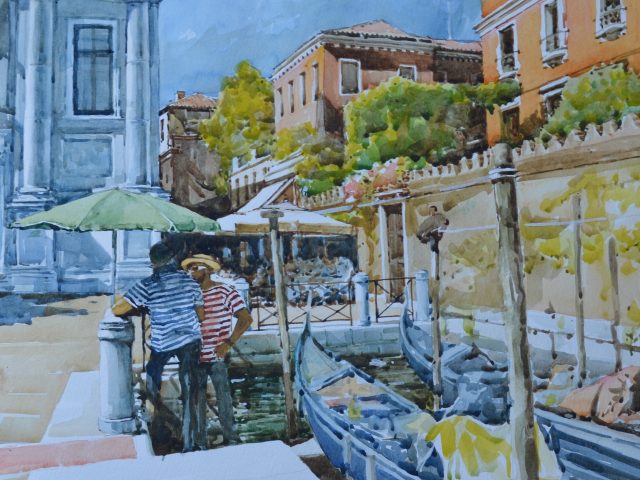 “Two Gondoliers in front of the Gallerie dell’Accademia, Venice”